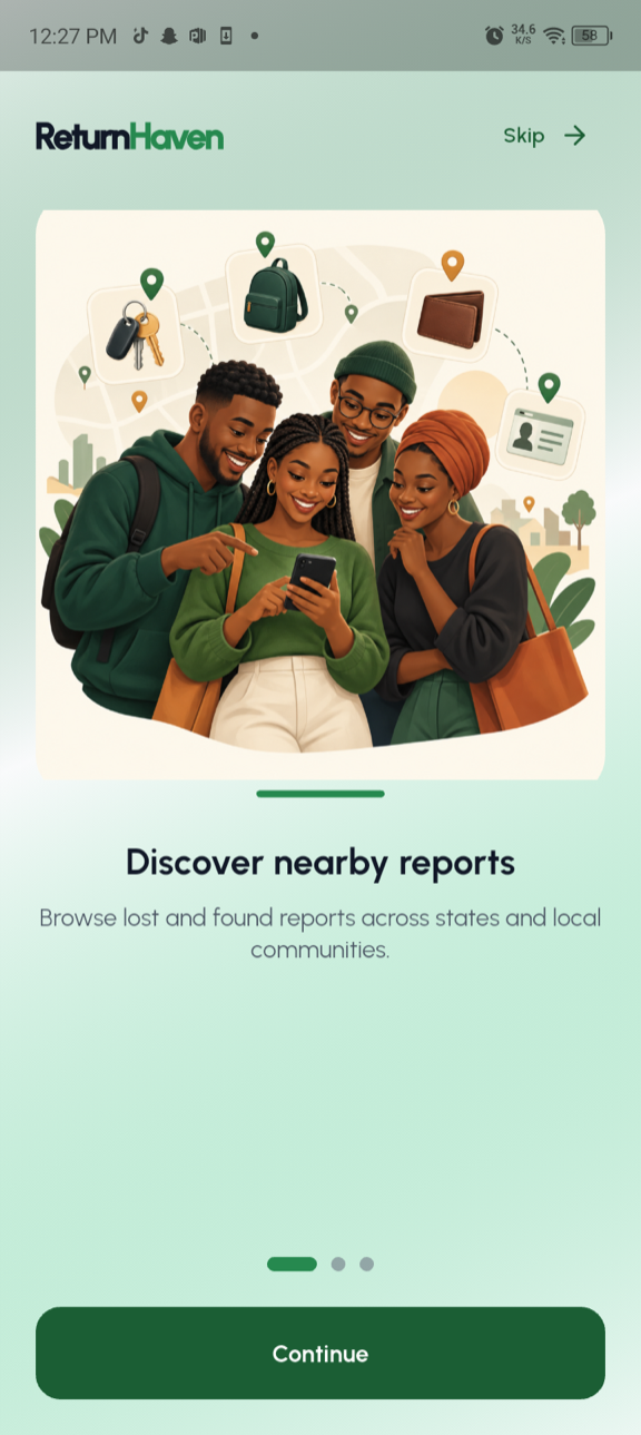 ReturnHaven onboarding screen introducing nearby report discovery