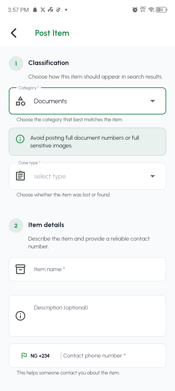ReturnHaven screen for creating a lost or found item report
